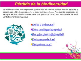 Pérdida de la biodiversidad
La biodiversidad es muy importante para la vida en nuestro planeta. Muchas especies y
ecosistemas están desapareciendo, se están extinguiendo....... Pero cuando una especie se
extingue no hay absolutamente nada que podamos hacer para recuperarla. Lo cual
verdaderamente es muy grave.
 