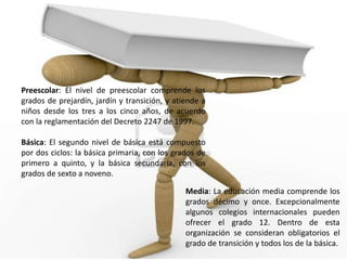 Preescolar: El nivel de preescolar comprende los
grados de prejardín, jardín y transición, y atiende a
niños desde los tres a los cinco años, de acuerdo
con la reglamentación del Decreto 2247 de 1997.

Básica: El segundo nivel de básica está compuesto
por dos ciclos: la básica primaria, con los grados de
primero a quinto, y la básica secundaria, con los
grados de sexto a noveno.

                                               Media: La educación media comprende los
                                               grados décimo y once. Excepcionalmente
                                               algunos colegios internacionales pueden
                                               ofrecer el grado 12. Dentro de esta
                                               organización se consideran obligatorios el
                                               grado de transición y todos los de la básica.
 
