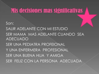 Son:
SALIR ADELANTE CON MI ESTUDIO
SER MAMA MAS ADELANTE CUANDO SEA
ADECUADO
SER UNA PEDIATRA PROFEIONAL
Y UNA ENFERMERA PROFESIONAL
SER UNA BUENA HIJA Y AMIGA
SER FELIZ CON LA PERSONA ADECUADA
 