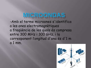 -Amb el terme microones s'identifica
a les ones electromagnètiques
a freqüència de les quals és compresa
entre 300 MHz i 300 GHz, i la
corresponent l’ongitud d'ona és d'1 m
a 1 mm.

 