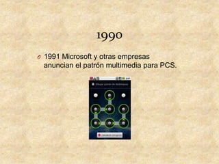 1990
O 1991 Microsoft y otras empresas

anuncian el patrón multimedia para PCS.

 