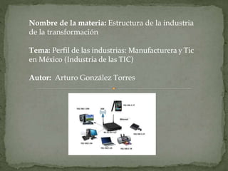 Nombre de la materia: Estructura de la industria 
de la transformación 
Tema: Perfil de las industrias: Manufacturera y Tic 
en México (Industria de las TIC) 
Autor: Arturo González Torres 
 
