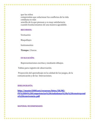 que los niños comprendan que solucionar los conflictos de la vida cotidiana es más sencillo de lo que piensan y es muy satisfactorio cuando losolucionamos de una manera agradable. 
RECURSOS: 
Vestuarios 
Maquillajes 
Instrumentos 
Tiempo: 2 horas 
EVALUACIÓN: 
Representaciones escritas y mediante dibujos. Tablas para registro de observación. Proyección del aprendizaje en la calidad de los juegos, de la comunicación y de las Interacciones. BIBLIOGRAFÍA: http://master2000.net/recursos/fotos/58/M2- PY%2004%20Competencias%20ciudadanas%20y%20construyendo%20convivencia..pdf MATERIAL RECOMENDADO:  