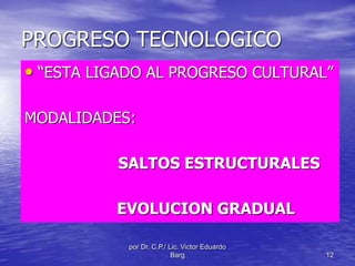 PROGRESO TECNOLOGICO 
• “ESTA LIGADO AL PROGRESO CULTURAL” 
por Dr. C.P./ Lic. Victor Eduardo 
Barg 12 
MODALIDADES: 
SALTOS ESTRUCTURALES 
EVOLUCION GRADUAL 
 