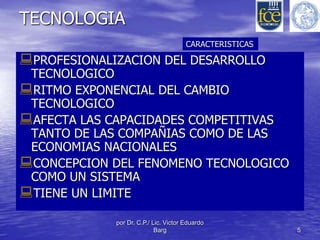 CARACTERISTICAS 
por Dr. C.P./ Lic. Victor Eduardo 
Barg 5 
TECNOLOGIA 
PROFESIONALIZACION DEL DESARROLLO 
TECNOLOGICO 
RITMO EXPONENCIAL DEL CAMBIO 
TECNOLOGICO 
AFECTA LAS CAPACIDADES COMPETITIVAS 
TANTO DE LAS COMPAÑIAS COMO DE LAS 
ECONOMIAS NACIONALES 
CONCEPCION DEL FENOMENO TECNOLOGICO 
COMO UN SISTEMA 
TIENE UN LIMITE 
 