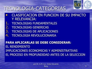 TECNOLOGIA-CATEGORIAS 
• CLASIFICACION EN FUNCION DE SU IMPACTO 
por Dr. C.P./ Lic. Victor Eduardo 
Barg 6 
Y RELEVANCIA: 
1. TECNOLOGIAS FUNDAMENTALES 
2. TECNOLOGIAS GENERICAS 
3. TECNOLOGIAS DE APLICACIONES 
4. TECNOLOGIA REVOLUCIONARIA 
PARA APLICARLAS SE DEBE CONSIDERAR: 
EL RENDIMIENTO 
IMPLICACIONES ECONOMICAS Y ADMINISTRATIVAS 
EL PROCESO EN PROFUNDIDAD ANTES DE LA SELECCION 
 