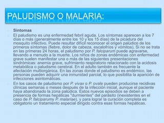 Síntomas 
El paludismo es una enfermedad febril aguda. Los síntomas aparecen a los 7 
días o más (generalmente entre los 10 y los 15 días) de la picadura del 
mosquito infectivo. Puede resultar difícil reconocer el origen palúdico de los 
primeros síntomas (fiebre, dolor de cabeza, escalofríos y vómitos). Si no se trata 
en las primeras 24 horas, el paludismo por P. falciparum puede agravarse, 
llevando a menudo a la muerte. Los niños de zonas endémicas con enfermedad 
grave suelen manifestar una o más de las siguientes presentaciones 
sindrómicas: anemia grave, sufrimiento respiratorio relacionado con la acidosis 
metabólica o paludismo cerebral. En el adulto también es frecuente la 
afectación multiorgánica. En las zonas donde el paludismo es endémico, las 
personas pueden adquirir una inmunidad parcial, lo que posibilita la aparición de 
infecciones asintomáticas. 
En los casos de paludismo por P. vivax o P. ovale pueden producirse recidivas 
clínicas semanas o meses después de la infección inicial, aunque el paciente 
haya abandonado la zona palúdica. Estos nuevos episodios se deben a 
presencia de formas hepáticas "durmientes" del parásito (inexistentes en el 
caso de P. falciparumy P. malariae), y para lograr la curación completa es 
obligatorio un tratamiento especial dirigido contra esas formas hepáticas. 
 