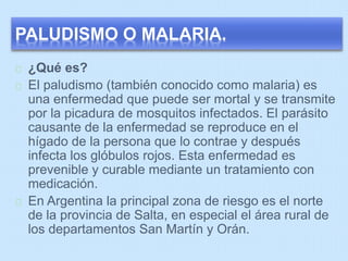 PALUDISMO O MALARIA. 
¿Qué es? 
El paludismo (también conocido como malaria) es 
una enfermedad que puede ser mortal y se transmite 
por la picadura de mosquitos infectados. El parásito 
causante de la enfermedad se reproduce en el 
hígado de la persona que lo contrae y después 
infecta los glóbulos rojos. Esta enfermedad es 
prevenible y curable mediante un tratamiento con 
medicación. 
En Argentina la principal zona de riesgo es el norte 
de la provincia de Salta, en especial el área rural de 
los departamentos San Martín y Orán. 
 
