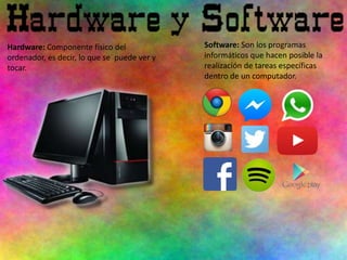 Hardware: Componente físico del
ordenador, es decir, lo que se puede ver y
tocar.
Software: Son los programas
informáticos que hacen posible la
realización de tareas específicas
dentro de un computador.
 