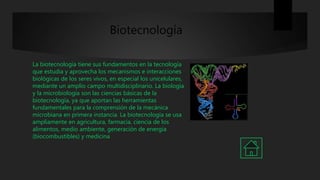 Biotecnología
La biotecnología tiene sus fundamentos en la tecnología
que estudia y aprovecha los mecanismos e interacciones
biológicas de los seres vivos, en especial los unicelulares,
mediante un amplio campo multidisciplinario. La biología
y la microbiología son las ciencias básicas de la
biotecnología, ya que aportan las herramientas
fundamentales para la comprensión de la mecánica
microbiana en primera instancia. La biotecnología se usa
ampliamente en agricultura, farmacia, ciencia de los
alimentos, medio ambiente, generación de energía
(biocombustibles) y medicina
 