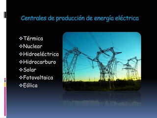 Centrales de producción de energía eléctrica
Térmica
Nuclear
Hidroeléctrica
Hidrocarburo
Solar
Fotovoltaica
Eólica
 