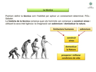 UNITAT DIDÀCTICA 1: QUÈ ÉS LA TECNOLOGIA?
Podríem definir la tècnica com l’habilitat per aplicar un coneixement determinat. P.Ex.:
Sabater.
La història de la tècnica comença quan els homínids van començar a construir eines i
utilitzant la seva intel·ligència i la imaginació van sobreviure i domesticar la natura.
construir
eines
domesticar
la Natura
limitacions humanes
prosperar i millorar
condicions de vida
sobreviure
(Esquema 1)
La tècnica
 