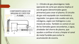 1 – Cilindro de gas plasmágeno: toda
operación de corte por plasma implica el
uso de gases (denominados gases
primarios) para crear el plasma. El circuito
de gas está equipado con manómetro y
regulador. Los gases más usados son aire,
nitrógeno, argón con hidrógeno o una
mezcla de estos. También es común el uso
de los llamados gases secundarios, o agua,
alrededor del chorro de plasma, que
ayudan a confinar el arco y limpiar el canal
de metal fundido para evitar la
acumulación de escoria.
 