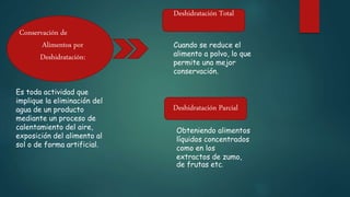 Conservación de
Alimentos por
Deshidratación:
Es toda actividad que
implique la eliminación del
agua de un producto
mediante un proceso de
calentamiento del aire,
exposición del alimento al
sol o de forma artificial.
Deshidratación Total
Deshidratación Parcial
Cuando se reduce el
alimento a polvo, lo que
permite una mejor
conservación.
Obteniendo alimentos
líquidos concentrados
como en los
extractos de zumo,
de frutas etc.
 