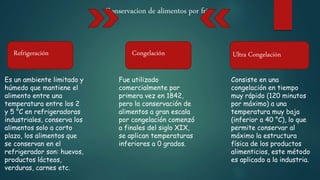 Conservacion de alimentos por frio
Refrigeración Congelación Ultra Congelación
Es un ambiente limitado y
húmedo que mantiene el
alimento entre una
temperatura entre los 2
y 5 °C en refrigeradoras
industriales, conserva los
alimentos solo a corto
plazo, los alimentos que
se conservan en el
refrigerador son: huevos,
productos lácteos,
verduras, carnes etc.
Fue utilizado
comercialmente por
primera vez en 1842,
pero la conservación de
alimentos a gran escala
por congelación comenzó
a finales del siglo XIX,
se aplican temperaturas
inferiores a 0 grados.
Consiste en una
congelación en tiempo
muy rápido (120 minutos
por máximo) a una
temperatura muy baja
(inferior a 40 °C), lo que
permite conservar al
máximo la estructura
física de los productos
alimenticios, este método
es aplicado a la industria.
 