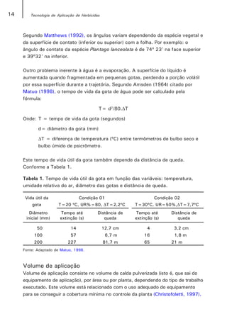 14      Tecnologia de Aplicação de Herbicidas




     Segundo Matthews (1992), os ângulos variam dependendo da espécie vegetal e
     da superfície de contato (inferior ou superior) com a folha. Por exemplo: o
     ângulo de contato da espécie Plantago lanceolata é de 74º 23' na face superior
     e 39º32' na inferior.

     Outro problema inerente à água é a evaporação. A superfície do líquido é
     aumentada quando fragmentada em pequenas gotas, perdendo a porção volátil
     por essa superfície durante a trajetória. Segundo Amsden (1964) citado por
     Matuo (1998), o tempo de vida da gota de água pode ser calculado pela
     fórmula:

                                            T= d2/80.∆T

     Onde: T = tempo de vida da gota (segundos)

            d= diâmetro da gota (mm)

            ∆T = diferença de temperatura (ºC) entre termômetros de bulbo seco e
            bulbo úmido de psicrômetro.

     Este tempo de vida útil da gota também depende da distância de queda.
     Conforme a Tabela 1.

     Tabela 1. Tempo de vida útil da gota em função das variáveis: temperatura,
     umidade relativa do ar, diâmetro das gotas e distância de queda.

      Vida útil da                Condição 01                       Condição 02
         gota         T=20 ºC, UR%=80, ∆T=2,2ºC           T=30ºC, UR=50%,∆T=7,7ºC
        Diâmetro       Tempo até           Distância de   Tempo até        Distância de
      inicial (mm)     extinção (s)           queda       extinção (s)        queda

            50               14                 12,7 cm         4           3,2 cm
          100                57                  6,7 m        16            1,8 m
          200              227                  81,7 m        65           21 m
     Fonte: Adaptado de Matuo, 1998.



     Volume de aplicação
     Volume de aplicação consiste no volume de calda pulverizada (isto é, que sai do
     equipamento de aplicação), por área ou por planta, dependendo do tipo de trabalho
     executado. Este volume está relacionado com o uso adequado do equipamento
     para se conseguir a cobertura mínima no controle da planta (Christofoletti, 1997).
 