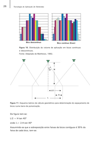 26      Tecnologia de Aplicação de Herbicidas




              Figura 10. Distribuição do volume de aplicação em bicos contínuos
              e descontínuos.
              Fonte: Adaptado de Matthews, 1992.




     Figura 11. Esquema teórico de cálculo geométrico para determinação do espaçamento de
     bicos numa barra de pulverização.



     Da figura tem-se:

     L/2 = H tan 40º

     onde: L= 2.H.tan 40º

     Assumindo-se que a sobreposição entre faixas de bicos contíguos é 30% da
     faixa de cada bico, tem-se:
 