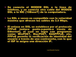 <ul><li>Se conecta el MODEM DSL a la línea de teléfono, y se conecta otro cable del MODEM DSL a la NIC (10BaseT) de la com...