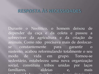 Durante o Neolítico, o homem deixou de
depender da caça e da coleta e passou a
sobreviver da agricultura e da criação de
animais. Como não precisava mais de deslocar-
se constantemente para garantir o
sustento, acabou reformulando totalmente o seu
modo de vida em grupo. Tornou-se
sedentário, estabeleceu uma nova organização
social, constituiu tribos unidas por laços
familiares, aldeias e, mais
 