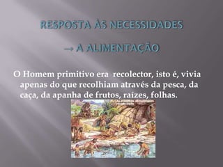 O Homem primitivo era recolector, isto é, vivia
apenas do que recolhiam através da pesca, da
caça, da apanha de frutos, raízes, folhas.
 