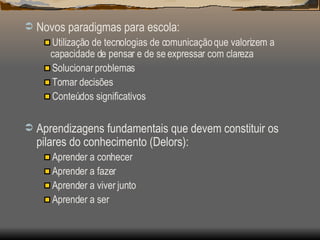 Novos paradigmas para escola: Utilização de tecnologias de comunicação que valorizem a capacidade de pensar e de se expressar com clareza Solucionar problemas Tomar decisões Conteúdos significativos Aprendizagens fundamentais que devem constituir os pilares do conhecimento (Delors): Aprender a conhecer Aprender a fazer Aprender a viver junto Aprender a ser 