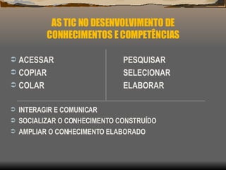 AS TIC NO DESENVOLVIMENTO DE CONHECIMENTOS E COMPETÊNCIAS ACESSAR PESQUISAR COPIAR SELECIONAR COLAR  ELABORAR INTERAGIR E COMUNICAR SOCIALIZAR O CONHECIMENTO CONSTRUÍDO AMPLIAR O CONHECIMENTO ELABORADO 