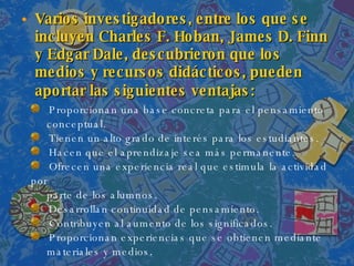 Varios investigadores, entre los que se incluyen Charles F. Hoban, James D. Finn y Edgar Dale, descubrieron que los medios y recursos didácticos, pueden aportar las siguientes ventajas:   Proporcionan una base concreta para el pensamiento  conceptual.  Tienen un alto grado de interés para los estudiantes.  Hacen que el aprendizaje sea más permanente.  Ofrecen una experiencia real que estimula la actividad por  parte de los alumnos.  Desarrollan continuidad de pensamiento.  Contribuyen al aumento de los significados.  Proporcionan experiencias que se obtienen mediante  materiales y medios .  