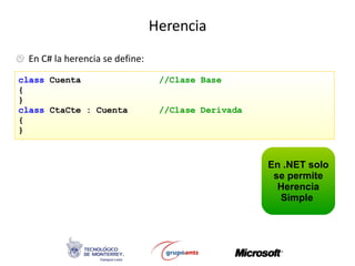 Herencia En C# la herencia se define: class  Cuenta  //Clase Base {  } class  CtaCte : Cuenta  //Clase Derivada {   } En .NET solo se permite Herencia Simple  