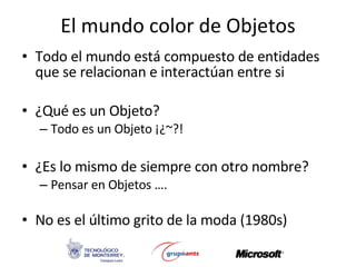 El mundo color de Objetos Todo el mundo está compuesto de entidades que se relacionan e interactúan entre si ¿Qué es un Objeto? Todo es un Objeto ¡¿~?! ¿Es lo mismo de siempre con otro nombre? Pensar en Objetos …. No es el último grito de la moda (1980s) 