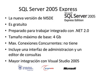SQL Server 2005 Express La nueva versión de MSDE Es gratuito Preparado para trabajar integrado con .NET 2.0 Tamaño máximo de base: 4 Gb Max. Conexiones Concurrentes: no tiene Incluye una interfaz de administracion y un editor de consultas Mayor integración con Visual Studio 2005 