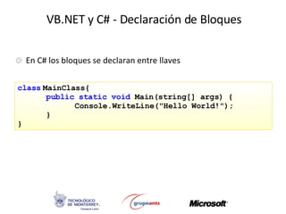 VB.NET y C# - Declaración de Bloques En C# los bloques se declaran entre llaves class   MainClass{ public   static void  Main(string[] args) { Console.WriteLine("Hello World!"); } } 