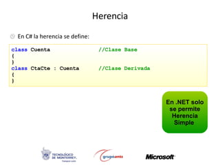 Herencia <ul><li>En C# la herencia se define: </li></ul>class  Cuenta  //Clase Base {  } class  CtaCte : Cuenta  //Clase D...