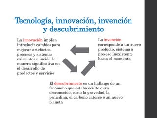 Tecnología, innovación, invención
y descubrimiento
La innovación implica
introducir cambios para
mejorar artefactos,
procesos y sistemas
existentes e incide de
manera significativa en
el desarrollo de
productos y servicios
La invención
corresponde a un nuevo
producto, sistema o
proceso inexistente
hasta el momento.
El descubrimiento es un hallazgo de un
fenómeno que estaba oculto o era
desconocido, como la gravedad, la
penicilina, el carbono catorce o un nuevo
planeta
 