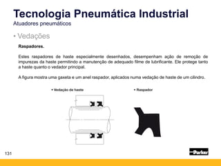131
• Vedações
Tecnologia Pneumática Industrial
Atuadores pneumáticos
Raspadores.
Estes raspadores de haste especialmente desenhados, desempenham ação de remoção de
impurezas da haste permitindo a manutenção de adequado filme de lubrificante. Ele protege tanto
a haste quanto o vedador principal.
A figura mostra uma gaxeta e um anel raspador, aplicados numa vedação de haste de um cilindro.
 