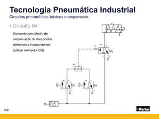 149
Tecnologia Pneumática Industrial
Circuitos pneumáticos básicos e sequenciais
• Circuito 04
a0
12
1
2
3
a02
1
A
1
a2
1
2
3
a4
1
2
3
Comandar um cilindro de
simples ação de dois pontos
diferentes e independentes
(utilizar elemento OU).
2
 