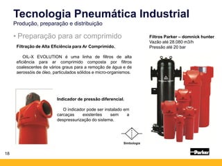 18
• Preparação para ar comprimido
Tecnologia Pneumática Industrial
Produção, preparação e distribuição
Simbologia
Filtros Parker – domnick hunter
Vazão até 28.080 m3/h
Pressão até 20 bar
Filtração de Alta Eficiência para Ar Comprimido.
OIL-X EVOLUTION é uma linha de filtros de alta
eficiência para ar comprimido composta por filtros
coalescentes de vários graus para a remoção de água e de
aerossóis de óleo, particulados sólidos e micro-organismos.
Indicador de pressão diferencial.
O indicador pode ser instalado em
carcaças existentes sem a
despressurização do sistema.
 