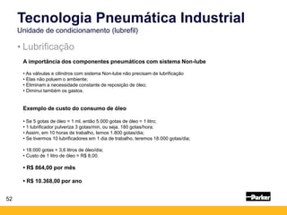52
A importância dos componentes pneumáticos com sistema Non-lube
• As válvulas e cilindros com sistema Non-lube não precisam de lubrificação
• Elas não poluem o ambiente;
• Eliminam a necessidade constante de reposição de óleo;
• Diminui também os gastos.
Exemplo de custo do consumo de óleo
• Se 5 gotas de óleo = 1 ml, então 5.000 gotas de óleo = 1 litro;
• 1 lubrificador pulveriza 3 gotas/min, ou seja, 180 gotas/hora;
• Assim, em 10 horas de trabalho, temos 1.800 gotas/dia;
• Se tivermos 10 lubrificadores em 1 dia de trabalho, teremos 18.000 gotas/dia;
• 18.000 gotas = 3,6 litros de óleo/dia;
• Custo de 1 litro de óleo = R$ 8,00.
• R$ 864,00 por mês
• R$ 10.368,00 por ano
• Lubrificação
Tecnologia Pneumática Industrial
Unidade de condicionamento (lubrefil)
 