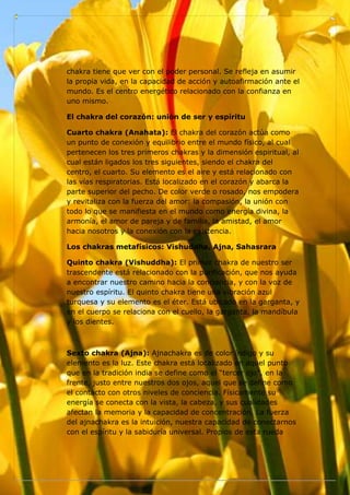 chakra tiene que ver con el poder personal. Se refleja en asumir
la propia vida, en la capacidad de acción y autoafirmación ante el
mundo. Es el centro energético relacionado con la confianza en
uno mismo.
El chakra del corazón: unión de ser y espíritu
Cuarto chakra (Anahata): El chakra del corazón actúa como
un punto de conexión y equilibrio entre el mundo físico, al cual
pertenecen los tres primeros chakras y la dimensión espiritual, al
cual están ligados los tres siguientes, siendo el chakra del
centro, el cuarto. Su elemento es el aire y está relacionado con
las vías respiratorias. Está localizado en el corazón y abarca la
parte superior del pecho. De color verde o rosado, nos empodera
y revitaliza con la fuerza del amor: la compasión, la unión con
todo lo que se manifiesta en el mundo como energía divina, la
armonía, el amor de pareja y de familia, la amistad, el amor
hacia nosotros y la conexión con la existencia.
Los chakras metafísicos: Vishuddha, Ajna, Sahasrara
Quinto chakra (Vishuddha): El primer chakra de nuestro ser
trascendente está relacionado con la purificación, que nos ayuda
a encontrar nuestro camino hacia la conciencia, y con la voz de
nuestro espíritu. El quinto chakra tiene una vibración azul
turquesa y su elemento es el éter. Está ubicado en la garganta, y
en el cuerpo se relaciona con el cuello, la garganta, la mandíbula
y los dientes.
Sexto chakra (Ajna): Ajnachakra es de color índigo y su
elemento es la luz. Este chakra está localizado en aquel punto
que en la tradición india se define como el “tercer ojo”, en la
frente, justo entre nuestros dos ojos, aquel que se define como
el contacto con otros niveles de conciencia. Físicamente su
energía se conecta con la vista, la cabeza, y sus cualidades
afectan la memoria y la capacidad de concentración. La fuerza
del ajnachakra es la intuición, nuestra capacidad de conectarnos
con el espíritu y la sabiduría universal. Propios de esta rueda
 