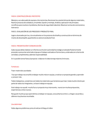 FASE4: CONSTRUCCIÓN DEL PROTOTIPO
Manejoy uso adecuadode equiposyherramientas,Reconocerlascaracterísticasde algunosmateriales,
Realizarprocesosde soldadura,ensamble,fijaciónymontaje,Análisisyaplicaciónde principios
científicospararesolverel problema,Normasde seguridadindustrial,Observarnormasde convivenciay
tolerancia
FASE5: EVALUACIÓN DE LOS PROCESOSY PRODUCTO FINAL
Logros alcanzadosporlas y losestudiantesenlosprocesosde diseñoyconstrucciónentérminosde
nivelesde desempeño,igualmente se valorael productofinal.
FASE6: PRESENTACIÓN YCOMUNICACIÓN
Cada equipodebe elaboraruninforme escritode laactividadtecnológicarealizadaPosteriormente
procedenapresentarante todoel grupo el trabajorealizadoenformaclara y ordenadaconcriteriosde
seriedad,cumplimientoyademásresponsabilidad.
En lo posible tomarfotosal proyecto- elaborarel videotiempomáximo3minutos.
Fortalezas:
Traen materialesacordados
Fue que trabajo nosenseñóatrabajar mucho másen equipo,arealizarunproyectogrande y aprender
a conocer más.
Todostrabajamos,cumplimoscontodoslosmaterialesque teníamosque traer,hubomuchointeréspor
parte de todoslosintegrantes,unbuen trabajoenequipo.
Este trabajo nosayudó muchofue un proyectomuyinteresante, nuevoconmuchaspropuestas,
experienciasyretosnuevos.
Nosgustó muchoya que aprendimosatrabajar enequipo,aescucharnosentre si,allegara acuerdosy
obtenermuybuenosresultados.
Una debilidad:
Hubo algunosproblemascomoal realizarel blogyel video
 