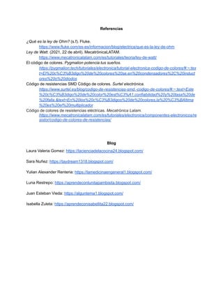 Referencias
¿Qué es la ley de Ohm? (s.f). Fluke.
https://www.fluke.com/es-es/informacion/blog/electrica/que-es-la-ley-de-ohm
Ley de Watt. (2021, 22 de abril). MecatrónicaLATAM.
https://www.mecatronicalatam.com/es/tutoriales/teoria/ley-de-watt/
El código de colores. Pygmalion potencia tus sueños.
https://pygmalion.tech/tutoriales/electronica/tutorial-electronica-codigo-de-colores/#:~:tex
t=El%20c%C3%B3digo%20de%20colores%20se,en%20condensadores%2C%20induct
ores%20o%20diodos
Código de resistencias SMD Código de colores. Surtel electrónica.
https://www.surtel.es/blog/codigo-de-resistencias-smd.-codigo-de-colores/#:~:text=Este
%20c%C3%B3digo%20de%20color%20est%C3%A1,confiabilidad%20y%20tasa%20de
%20falla.&text=En%20los%20c%C3%B3digos%20de%20colores,la%20%C3%BAltima
%20es%20el%20multiplicador
Código de colores de resistencias eléctricas. Mecatrónica Latam.
https://www.mecatronicalatam.com/es/tutoriales/electronica/componentes-electronicos/re
sistor/codigo-de-colores-de-resistencias/
Blog
Laura Valeria Gomez: https://lacienciadelacocina24.blogspot.com/
Sara Nuñez: https://taydream1318.blogspot.com/
Yulian Alexander Renteria: https://lamedicinaengeneral1.blogspot.com/
Luna Restrepo: https://aprendeconlunitapambisita.blogspot.com/
Juan Esteban Vieda: https://alguntema1.blogspot.com/
Isabella Zuleta: https://aprendeconisabellita22.blogspot.com/
 