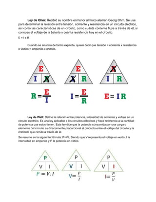 Ley de Ohm: Recibió su nombre en honor al físico alemán Georg Ohm. Se usa
para determinar la relación entre tensión, corriente y resistencia en un circuito eléctrico,
así como las características de un circuito, como cuánta corriente fluye a través de él, si
conoces el voltaje de la batería y cuánta resistencia hay en el circuito.
E = I x R
Cuando se enuncia de forma explícita, quiere decir que tensión = corriente x resistencia
o voltios = amperios x ohmios.
Ley de Watt: Define la relación entre potencia, intensidad de corriente y voltaje en un
circuito eléctrico. Es una ley aplicable a los circuitos eléctricos y hace referencia a la cantidad
de potencia que estos tienen. Esta ley dice que la potencia consumida por una carga o
elemento del circuito es directamente proporcional al producto entre el voltaje del circuito y la
corriente que circula a través de él.
Se resume en la siguiente fórmula: P=V.I. Siendo que V representa el voltaje en watts, I la
intensidad en amperios y P la potencia en vatios
 