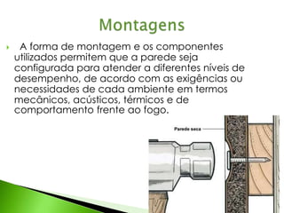  A forma de montagem e os componentes 
utilizados permitem que a parede seja 
configurada para atender a diferentes níveis de 
desempenho, de acordo com as exigências ou 
necessidades de cada ambiente em termos 
mecânicos, acústicos, térmicos e de 
comportamento frente ao fogo. 
 
