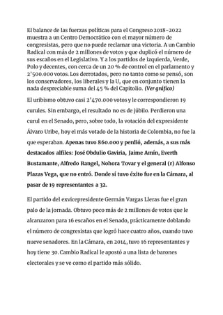 El balance de las fuerzas políticas para el Congreso 2018-2022
muestra a un Centro Democrático con el mayor número de
congresistas, pero que no puede reclamar una victoria. A un Cambio
Radical con más de 2 millones de votos y que duplicó el número de
sus escaños en el Legislativo. Y a los partidos de izquierda, Verde,
Polo y decentes, con cerca de un 20 % de control en el parlamento y
2’500.000 votos. Los derrotados, pero no tanto como se pensó, son
los conservadores, los liberales y la U, que en conjunto tienen la
nada despreciable suma del 45 % del Capitolio. (Ver gráfico)
El uribismo obtuvo casi 2’470.000 votos y le correspondieron 19
curules. Sin embargo, el resultado no es de júbilo. Perdieron una
curul en el Senado, pero, sobre todo, la votación del expresidente
Álvaro Uribe, hoy el más votado de la historia de Colombia, no fue la
que esperaban. Apenas tuvo 860.000 y perdió, además, a sus más
destacados alfiles: José Obdulio Gaviria, Jaime Amín, Everth
Bustamante, Alfredo Rangel, Nohora Tovar y el general (r) Alfonso
Plazas Vega, que no entró. Donde sí tuvo éxito fue en la Cámara, al
pasar de 19 representantes a 32.
El partido del exvicepresidente Germán Vargas Lleras fue el gran
palo de la jornada. Obtuvo poco más de 2 millones de votos que le
alcanzaron para 16 escaños en el Senado, prácticamente doblando
el número de congresistas que logró hace cuatro años, cuando tuvo
nueve senadores. En la Cámara, en 2014, tuvo 16 representantes y
hoy tiene 30. Cambio Radical le apostó a una lista de barones
electorales y se ve como el partido más sólido.
 