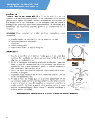 10
Actividad 23
Construcción de un motor eléctrico. El motor eléctrico es una
máquina que transforma energía eléctrica en energía cinética al hacer
girar un rotor a gran velocidad. Existen innumerables aplicaciones de
este motor en la vida cotidiana. Es un ejemplo claro de cómo la
investigación científica trajo como consecuencia un artefacto que
transformó las relaciones sociales, políticas y económicas de la
sociedad.
Materiales Para construir un motor eléctrico necesitarás estos
materiales:
a. Un eliminador de baterías con caimanes en las puntas
b. Dos alambres o clips grandes
c. Un imán
d. Alambre magneto
e. Un cilindro, como un lápiz o bolígrafo
Construcción
1. Enrolla el alambre en el lápiz de modo que se le dé unas diez
vueltas. Ten cuidado de dejar aproximadamente 5 cm de
alambre en cada extremo.
2. Retira el lápiz para que quede un círculo de alambre magneto.
Dale un par de vueltas con los extremos para que el círculo
quede fijo. Pela el alambre con la navaja como lo hiciste para el
electroimán. Observa el esquema.
3. Dobla los alambres para que se forme un par de soportes, como
muestra la imagen.
4. Sujeta los clips al bloque de madera y conecta en cada uno los
caimanes del eliminador.
5. Coloca el rotor de modo que los extremos descansen en los
ganchos de cada alambre. Conecta el eliminador a la corriente
y acerca el imán al rotor. Es posible que necesites encontrar la
mejor posición del imán y que al inicio ayudes a girar el rotor
con un pequeño impulso de tu mano. En seguida girará por sí
mismo a gran velocidad.
Realiza el dibujo o esquema de tu proyecto. (Puedes sacarle foto y pegarla)
TECNOLOGÍA Y SU RELACIÓN CON
OTRAS ÁREAS DE CONOCIMIENTO
 