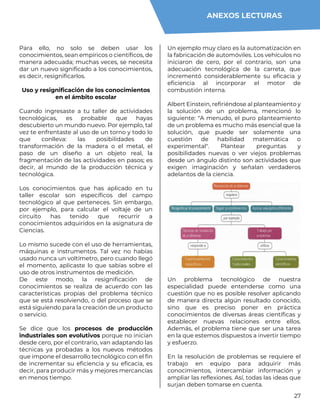 27
Para ello, no solo se deben usar los
conocimientos, sean empíricos o científicos, de
manera adecuada; muchas veces, se necesita
dar un nuevo significado a los conocimientos,
es decir, resignificarlos.
Uso y resignificación de los conocimientos
en el ámbito escolar
Cuando ingresaste a tu taller de actividades
tecnológicas, es probable que hayas
descubierto un mundo nuevo. Por ejemplo, tal
vez te enfrentaste al uso de un torno y todo lo
que conlleva: las posibilidades de
transformación de la madera o el metal, el
paso de un diseño a un objeto real, la
fragmentación de las actividades en pasos; es
decir, al mundo de la producción técnica y
tecnológica.
Los conocimientos que has aplicado en tu
taller escolar son específicos del campo
tecnológico al que perteneces. Sin embargo,
por ejemplo, para calcular el voltaje de un
circuito has tenido que recurrir a
conocimientos adquiridos en la asignatura de
Ciencias.
Lo mismo sucede con el uso de herramientas,
máquinas e instrumentos. Tal vez no habías
usado nunca un voltímetro, pero cuando llegó
el momento, aplicaste lo que sabías sobre el
uso de otros instrumentos de medición.
De este modo, la resignificación de
conocimientos se realiza de acuerdo con las
características propias del problema técnico
que se está resolviendo, o del proceso que se
está siguiendo para la creación de un producto
o servicio.
Se dice que los procesos de producción
industriales son evolutivos porque no inician
desde cero, por el contrario, van adaptando las
técnicas ya probadas a los nuevos métodos
que impone el desarrollo tecnológico con el fin
de incrementar su eficiencia y su eficacia, es
decir, para producir más y mejores mercancías
en menos tiempo.
Un ejemplo muy claro es la automatización en
la fabricación de automóviles. Los vehículos no
iniciaron de cero, por el contrario, son una
adecuación tecnológica de la carreta, que
incrementó considerablemente su eficacia y
eficiencia al incorporar el motor de
combustión interna.
Albert Einstein, refiriéndose al planteamiento y
la solución de un problema, mencionó lo
siguiente: "A menudo, el puro planteamiento
de un problema es mucho más esencial que la
solución, que puede ser solamente una
cuestión de habilidad matemática o
experimental". Plantear preguntas y
posibilidades nuevas o ver viejos problemas
desde un ángulo distinto son actividades que
exigen imaginación y señalan verdaderos
adelantos de la ciencia.
Un problema tecnológico de nuestra
especialidad puede entenderse como una
cuestión que no es posible resolver aplicando
de manera directa algún resultado conocido,
sino que es preciso poner en práctica
conocimientos de diversas áreas científicas y
establecer nuevas relaciones entre ellos.
Además, el problema tiene que ser una tarea
en la que estemos dispuestos a invertir tiempo
y esfuerzo.
En la resolución de problemas se requiere el
trabajo en equipo para adquirir más
conocimientos, intercambiar información y
ampliar las reflexiones. Así, todas las ideas que
surjan deben tomarse en cuenta.
ANEXOS LECTURAS
 