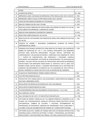 (Tercera Sección) DIARIO OFICIAL Lunes 22 de agosto de 2011
PLANA.
18 GUANTES DE NITRILO. 20 – PAR
19 IMPRESORA LASER. CAPACIDAD DE IMPRESION 23 PPM. RESOLUCION 1200 X 1200 DPI. 3 – PZA
20 IMPRESORA LASER A COLOR. 23 PPM. RESOLUCION 1200 X 1200 DPI. 2 – PZA
21 JUEGO DE ESCUADRAS DE MADERA 45 Y 60 GRADOS. 1 – JGO
22 MESA DE TRABAJO DE 900 X 600 X 750 MM. 3 – PZA
23 MESA MULTIUSOS FABRICADA EN ACERO ESMALTADO MEDIDA DE MARCO 50 X 60 CM.
CON CUBIERTA DE IMPRESION Y LAMPARA DE CUARZO.
1 – PZA
24 MARCOS PARA SERIGRAFIA (DIFERENTES TAMAÑOS). 12 -PZA
25 MESA PARA COMPUTADORA DE 120 X 60 CM. 13 – PZA
28 MESA PULPO DE 4 ESTACIONES CON 6 MARCOS DE DOBLE GIRO, MEDIDA DE PALETAS
38 X 48 CM.
1 – PZA
30 PAQUETE DE HIGIENE Y SEGURIDAD (CUBREBOCAS, GUANTES DE NITRILO,
DISPENSADOR DE JABON).
1- PAQ
31 PIZARRON ELECTRONICO INTERACTIVO PARA MONTAJE EN PARED CON SUPERFICIE
MINIMA DE ESCRITURA DE 1.56 X 1.17M, CHAROLA INTELIGENTE CON SENSORES
OPTICOS PARA DETECTAR MARCADORES, TECLADO VIRTUAL, SOFTWARE DE
CONFIGURACION Y APLICACION EN ESPAÑOL. COMPATIBLE CON: WINDOWS XP, VISTA
Y 7. PUERTO DE COMUNICACION: USB. OPERACION Y FUNCIONES: CHAROLA
INTELIGENTE CON SENSORES. SOFTWARE DE CONFIGURACION Y DE APLICACION EN
ESPAÑOL; TECLADO VIRTUAL EN MODO DE PROYECCION; ANOTACION EN IMAGENES
PROYECTADAS CON MARCADOR RESALTADOR AL CONTACTO CON EL DEDO QUE
PERMITA CREAR, EDITAR, MOVER, Y GUARDAR ANOTACIONES EN EL SOFTWARE DEL
PIZARRON; RECONOCIMIENTO AUTOMATICO DE LAS FUNCIONES DE TINTA VIRTUAL,
MOUSE Y BORRADO AL HACER CONTACTO CON LA SUPERFICIE DEL PIZARRON.
1 – PZA
32 PLANCHA DE TRANFESRENCIA TERMICA SEMIAUTOMATICA. 1- PZA
33 PLOTTER PARA GRAFICOS DE 42’. 1 – PZA
34 PROYECTOR (TIPO CAÑON) DIGITAL CON ACCESORIOS. CARACTERISTICAS MINIMAS:
2000 ANSI LUMENS/BRILLANTES.
1 – PZA
35 REGULADOR CON RESPALDO DE ENERGIA DE 1500 W (NO BREAKE). 1 – PZA
36 REGULADOR ACONDICIONADOR EN LINEA. 1 – PZA
37 RUTEADOR/MODEM PARA RED INALAMBRICA TECNOLOGIA 802. 11 G 2.4 GHZ. 1 – PZA
38 SILLA ESPECIAL CAPFCE. 1 – PZA
39 SILLA APILABLE DE 495 X 567 X 767 MM ESTRUCTURA METALICA. 24 – PZA
40 SOFTWARE DE DISEÑO Y MODELAJE 2D Y 3D, DEBERA PERMITIR EL DESARROLLO DE:
PLANOS CAD CONVENCIONALES; MODELOS VIRTUALES DESDE MULTIPLES VISTAS
ORTOGRAFICAS; CAMBIOS DE COLORES Y TEXTURAS; DETERMINACION DE
PROPIEDADES DE MATERIALES; MEDICION DE PROPIEDADES TALES COMO MASA Y
VOLUMEN; E INCLUIR UNA BIBLIOTECA DE FORMAS 3D Y LICENCIA INSTITUCIONAL.
1 – PZA
41 SOFTWARE EDUCATIVO: DISEÑO DE PAGINAS WEB CON ACTIVIDADES INTERACTIVAS
DESARROLLADAS A PARTIR DE SOFTWARE TUTORIAL Y PROFESIONAL QUE INTEGRA
SIMULACIONES Y EXPLORACIONES MULTIMEDIA, ASI COMO LICENCIA INSTITUCIONAL.
1 – PZA
 