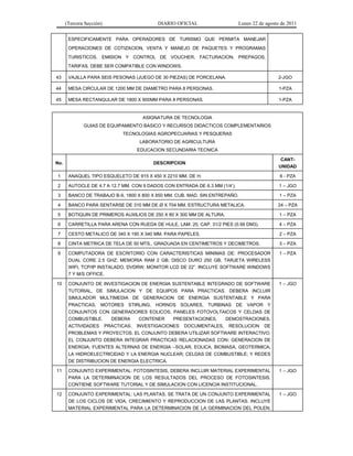 (Tercera Sección) DIARIO OFICIAL Lunes 22 de agosto de 2011
ESPECIFICAMENTE PARA OPERADORES DE TURISMO QUE PERMITA MANEJAR
OPERACIONES DE COTIZACION, VENTA Y MANEJO DE PAQUETES Y PROGRAMAS
TURISTICOS. EMISION Y CONTROL DE VOUCHER, FACTURACION, PREPAGOS,
TARIFAS. DEBE SER COMPATIBLE CON WINDOWS.
43 VAJILLA PARA SEIS PESONAS (JUEGO DE 30 PIEZAS) DE PORCELANA. 2-JGO
44 MESA CIRCULAR DE 1200 MM DE DIAMETRO PARA 8 PERSONAS. 1-PZA
45 MESA RECTANGULAR DE 1800 X 900MM PARA 8 PERSONAS. 1-PZA
ASIGNATURA DE TECNOLOGIA
GUIAS DE EQUIPAMIENTO BASICO Y RECURSOS DIDACTICOS COMPLEMENTARIOS
TECNOLOGIAS AGROPECUARIAS Y PESQUERAS
LABORATORIO DE AGRICULTURA
EDUCACION SECUNDARIA TECNICA
No. DESCRIPCION
CANT-
UNIDAD
1 ANAQUEL TIPO ESQUELETO DE 915 X 450 X 2210 MM. DE H. 6 - PZA
2 AUTOCLE DE 4.7 A 12.7 MM. CON 9 DADOS CON ENTRADA DE 6.3 MM (1/4’). 1 – JGO
3 BANCO DE TRABAJO B-9, 1800 X 800 X 850 MM. CUB. MAD. SIN ENTREPAÑO. 1 – PZA
4 BANCO PARA SENTARSE DE 310 MM DE Ø X 704 MM. ESTRUCTURA METALICA. 24 – PZA
5 BOTIQUIN DE PRIMEROS AUXILIOS DE 250 X 80 X 300 MM DE ALTURA. 1 – PZA
6 CARRETILLA PARA ARENA CON RUEDA DE HULE, LAM. 20, CAP. 31/2 PIES (0.99 DM3). 4 – PZA
7 CESTO METALICO DE 340 X 190 X 340 MM. PARA PAPELES. 2 – PZA
8 CINTA METRICA DE TELA DE 50 MTS., GRADUADA EN CENTIMETROS Y DECIMETROS. 3 – PZA
9 COMPUTADORA DE ESCRITORIO CON CARACTERISTICAS MINIMAS DE: PROCESADOR
DUAL CORE 2.5 GHZ; MEMORIA RAM 2 GB; DISCO DURO 250 GB; TARJETA WIRELESS
WIFI, TCP/IP INSTALADO, DVDRW; MONITOR LCD DE 22”. INCLUYE SOFTWARE WINDOWS
7 Y M/S OFFICE.
1 – PZA
10 CONJUNTO DE INVESTIGACION DE ENERGIA SUSTENTABLE INTEGRADO DE SOFTWARE
TUTORIAL, DE SIMULACION Y DE EQUIPOS PARA PRACTICAS. DEBERA INCLUIR
SIMULADOR MULTIMEDIA DE GENERACION DE ENERGIA SUSTENTABLE Y PARA
PRACTICAS, MOTORES STIRLING, HORNOS SOLARES, TURBINAS DE VAPOR Y
CONJUNTOS CON GENERADORES EOLICOS, PANELES FOTOVOLTAICOS Y CELDAS DE
COMBUSTIBLE. DEBERA CONTENER PRESENTACIONES, DEMOSTRACIONES,
ACTIVIDADES PRACTICAS, INVESTIGACIONES DOCUMENTALES, RESOLUCION DE
PROBLEMAS Y PROYECTOS. EL CONJUNTO DEBERA UTILIZAR SOFTWARE INTERACTIVO.
EL CONJUNTO DEBERA INTEGRAR PRACTICAS RELACIONADAS CON: GENERACION DE
ENERGIA; FUENTES ALTERNAS DE ENERGIA –SOLAR, EOLICA, BIOMASA, GEOTERMICA;
LA HIDROELECTRICIDAD Y LA ENERGIA NUCLEAR; CELDAS DE COMBUSTIBLE; Y REDES
DE DISTRIBUCION DE ENERGIA ELECTRICA.
1 – JGO
11 CONJUNTO EXPERIMENTAL: FOTOSINTESIS, DEBERA INCLUIR MATERIAL EXPERIMENTAL
PARA LA DETERMINACION DE LOS RESULTADOS DEL PROCESO DE FOTOSINTESIS.
CONTIENE SOFTWARE TUTORIAL Y DE SIMULACION CON LICENCIA INSTITUCIONAL.
1 – JGO
12 CONJUNTO EXPERIMENTAL: LAS PLANTAS, SE TRATA DE UN CONJUNTO EXPERIMENTAL
DE LOS CICLOS DE VIDA, CRECIMIENTO Y REPRODUCCION DE LAS PLANTAS. INCLUYE
MATERIAL EXPERIMENTAL PARA LA DETERMINACION DE LA GERMINACION DEL POLEN;
1 – JGO
 