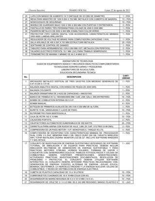 (Tercera Sección) DIARIO OFICIAL Lunes 22 de agosto de 2011
25 LUPA CON MANGO DE AUMENTO 1X Y ENFOQUE DE 25 CMS DE DIAMETRO. 1 – PZA
26 MESA PARA MAESTRO DE 1200 X 600 X 750 MM. METALICA CON CUBIERTA DE MADERA. 13 – PZA
27 MONOGOGLES DE SEGURIDAD. 10 – PZA
28 MUEBLE DE GUARDADO BAJO 1200 X 590 X 900 MM CON PUERTAS Y ENTREPAÑOS. 2 – PZA
29 PANTALLA DE PARED TIPO PERSIANA PARA COLGAR DE 2000 X 2000 MM. 1 – PZA
30 PIZARRON METALICO DE 3000 X 900 MM. ESMALTADO COLOR VERDE. 1 – PZA
31 PROYECTOR (TIPO CAÑON) DIGITAL CON ACCESORIOS. CARACTERISTICAS MINIMAS:
2000 ANSI LUMENS/ BRILLANTES
1 – PZA
32 REGULADOR DE VOLTAJE NO BRAKE PARA COMPUTADORA CAPACIDAD 1 KVA. 1 – PZA
33 SILLA APILABLE DE 495 X 567 X 767 MM ESTRUCTURA METALICA. 25 – PZA
34 SOFTWARE DE CONTROL DE GANADO. 1 – PZA
35 TABLERO PARA HERRAMIENTAS 1200 X 900 MM. EST. METALICA CON PERFOCEL 2 – PZA
36 TALADRO ELECTRICO PORTATIL 19.1 MM. (3/4’) PARA TRABAJO SEMIPESADO 1 – PZA
37 TERMOMETRO DE MAXIMA Y MINIMO DE 40 C A MAS 50 C. 1 – PZA
ASIGNATURA DE TECNOLOGIA
GUIAS DE EQUIPAMIENTO BASICO Y RECURSOS DIDACTICOS COMPLEMENTARIOS
TECNOLOGIAS AGROPECUARIAS Y PESQUERAS
LABORATORIO DE ACUICULTURA
EDUCACION SECUNDARIA TECNICA
No. DESCRIPCION
CANT-
UNIDAD
1 ARCHIVERO METALICO VERTICAL DE TRES GAVETAS CON MEDIDAS GENERALES DE
0.47 X 0.65 X 1.01 M.
1 – PZA
2 BALANZA ANALITICA DIGITAL CON RANGO DE PEADA DE 2000 GRS. 1 – PZA
3 BALANZA COLGANTE. 1 – PZA
4 BALANZA GRANATARIA DE 2 KGS DE CAPACIDAD = M40301000. 2 – PZA
5 BANCO DE TRABAJO B-12, 1800X800X850 MM. CUB. LAM. GALV. SIN ENTREPAÑO. 16 – PZA
6 BOMBA DE COMBUSTION INTERNA DE 6 H.P. 2 – PZA
7 BOMBA MANUAL. 6 – PZA
8 BOTIQUIN DE PRIMEROS AUXILIOS DE 250 X 80 X 300 MM DE ALTURA. 1 – PZA
9 BURETA 10 ML. GRADUADAS Y LLAVE DE PASO. 10 – PZA
10 BUTIROMETRO PARA MANTEQUILLA. 1 – PZA
11 CAJA DE PETRI 100 X 15 MM. 10 – PZA
12 CALADORA PORTATIL. 2 – PZA
13 CALEFACTORES AUTOMATICOS SUMERGIBLES DE 300 WATTS. 20 – PZA
14 CARRETILLA PARA ARENA CON RUEDA DE HULE, LAM. 20, CAP. 31/2 PIES (0.99 DM3). 2 – PZA
15 COMPRESORA DE UN PASO MOTOR 1 H.P. MONOFASICO, TANQUE 45 LTS. 3 – PZA
16 COMPUTADORA DE ESCRITORIO CON CARACTERISTICAS MINIMAS DE: PROCESADOR
DUAL CORE 2.5 GHZ; MEMORIA RAM 2 GB; DISCO DURO 250 GB; TARJETA WIRELESS
WIFI, TCP/IP INSTALADO, DVDRW; MONITOR LCD DE 22”. INCLUYE SOFTWARE WINDOWS
7 Y M/S OFFICE.
1 – PZA
17 CONJUNTO DE INVESTIGACION DE ENERGIA SUSTENTABLE INTEGRADO DE SOFTWARE
TUTORIAL, DE SIMULACION Y DE EQUIPOS PARA PRACTICAS. DEBERA INCLUIR
SIMULADOR MULTIMEDIA DE GENERACION DE ENERGIA SUSTENTABLE Y PARA
PRACTICAS, MOTORES STIRLING, HORNOS SOLARES, TURBINAS DE VAPOR Y
CONJUNTOS CON GENERADORES EOLICOS, PANELES FOTOVOLTAICOS Y CELDAS DE
COMBUSTIBLE. DEBERA CONTENER PRESENTACIONES, DEMOSTRACIONES,
ACTIVIDADES PRACTICAS, INVESTIGACIONES DOCUMENTALES, RESOLUCION DE
PROBLEMAS Y PROYECTOS. EL CONJUNTO DEBERA UTILIZAR SOFTWARE
INTERACTIVO. EL CONJUNTO DEBERA INTEGRAR PRACTICAS RELACIONADAS CON:
GENERACION DE ENERGIA; FUENTES ALTERNAS DE ENERGIA –SOLAR, EOLICA,
BIOMASA, GEOTERMICA; LA HIDROELECTRICIDAD Y LA ENERGIA NUCLEAR; CELDAS DE
COMBUSTIBLE; Y REDES DE DISTRIBUCION DE ENERGIA ELECTRICA.
1 – JGO
18 CUBETA DE PLASTICO CAPACIDAD DE 15 A 16 LITROS. 15 – PZA
19 CUBREOBJETOS CUADRADO DE 18 X 18 MM (CAJA CON 50). 10 – PZA
20 DESARMADOR DE BARRA REDONDA DE 6.3 X 101.6 MM (1/4 X 4’) 10 – PZA
21 DESARMADOR DE CRUZ DE 3.1 A 9.5 MM. 85 A 330 MM REDONDO, MANGO PLASTICO 6 10 – JGO
 