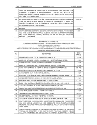 Lunes 22 de agosto de 2011 DIARIO OFICIAL (Tercera Sección)
LUCES. LA HERRAMIENTA OBLIGATORIA E INDISPENSABLE PARA NAVEGAR CON
SEGURIDAD, CONFIANZA Y RESPONSABILIDAD. DISPONE DEL MODULO DE
APRENDIZAJE, MODULO DE EVALUACION DE LOS CONOCIMIENTOS Y DE UN POTENTE
SIMULADOR EN 3 DIMENSIONES.
42 SOFTWARE PARA PESCA PROFESIONAL, DESARROLLADO ESPECIALMENTE PARA LA
PESCA QUE EXIGE SIEMPRE MAS DE SU TRAZADOR. TURBOWIN ES EL MINI-ECDIS
PRIMERO CERTIFICADO QUE SE CONVIERTE EN UN APLICADO ESTANDAR DEL
SOFTWARE DE NAVEGACION AL FISHING.
1 – PZA
43 BOTIQUIN. 1-PZA
44 COMPUTADORA DE ESCRITORIO CON CARACTERISTICAS MINIMAS DE: PROCESADOR
DUAL CORE 2.5 GHZ; MEMORIA RAM 2 GB; DISCO DURO 250 GB; TARJETA WIRELESS
WIFI, TCP/IP INSTALADO, DVDRW; MONITOR LCD DE 22”. INCLUYE SOFTWARE
WINDOWS 7 Y M/S OFFICE.
1-PZA
ASIGNATURA DE TECNOLOGIA
GUIAS DE EQUIPAMIENTO BASICO Y RECURSOS DIDACTICOS COMPLEMENTARIOS
TECNOLOGIAS DE LOS ALIMENTOS
LABORATORIO DE PREPARACION, CONSERVACION E INDUSTRIALIZACION DE ALIMENTOS AGRICOLAS
EDUCACION SECUNDARIA TECNICA
No. DESCRIPCION
CANT-
UNIDAD
1 ANAQUEL TIPO ESQUELETO DE 915 X 450 X 2210 MM DE H. 8 - PZA
2 ARCHIVERO METALICO 440 X 710 X 1040 MM CON 3 GAVETAS TAMAÑO OFICIO. 1 - PZA
3 BALANZA ANALITICA DIGITAL CON RANGO DE PESADA DE 2000 GRS. 1 - PZA
4 BANCO DE TRABAJO B-9 1800 X 800 X 850 MM CUB. MAD. SIN ENTREPAÑO. 6 - PZA
5 BANCO PARA SENTARSE DE 310 MM DE Ø X 704 MM ESTRUCTURA METALICA. 36 - PZA
6 BASCULA DE 10 KGS DE CAPACIDAD CON DOS BARRAS DE LATON. 2 - PZA
7 BASCULA DE 120 KILOS DE CAPACIDAD, 1 BARRA. 1 - PZA
8 BASCULA ELECTRONICA DE ACERO INOXIDABLE DE MEMORIAS DIVISION MINIMA 5 G. 2 - PZA
9 BOTIQUIN DE PRIMEROS AUXILIOS DE 250 X 80 X 300 MM DE ALTURA. 1 - PZA
10 BURETA DE 25 ML, GRADUADA Y CON LLAVE DE PASO (0.1 ML). 6 – PZA
11 CARRO PARA CHAROLAS Y CUBIERTOS EN ACERO INOX. DE 0.60 X 0.70 X 0.90 M. 1 - PZA
12 CAZO CON CAPACIDAD DE 30 LTS. ACERO INOXIDABLE FONDO PLANO. 6 - PZA
13 CHAIRA PARA ASENTAR FILO DE LOS CUCHILLOS, MAGNETICA CON 300 MM. 3 - PZA
14 CESTO METALICO DE 340 X 190 X 340 MM PARA PAPELES. 1 - PZA
15 CHAROLA DE ACERO INOXIDABLE DE 500 X 300 X 40 MM. 12 - PZA
16 COLADERA DE TELA DE ACERO INOXIDABLE DE 250 MM. 6 - PZA
17 COLADOR DE 250 MM DE DIAMETRO DE ACERO INOXIDABLE, MALLA DE 2 MM. 6 - PZA
18 COMPUTADORA DE ESCRITORIO CON CARACTERISTICAS MINIMAS DE: PROCESADOR
DUAL CORE 2.5 GHZ; MEMORIA RAM 2 GB; DISCO DURO 250 GB; TARJETA WIRELESS
WIFI, TCP/IP INSTALADO, DVDRW; MONITOR LCD DE 22”. INCLUYE SOFTWARE WINDOWS
7 Y M/S OFFICE.
1 - PZA
19 CONJUNTO DE INVESTIGACION DE ENERGIA SUSTENTABLE INTEGRADO DE SOFTWARE
TUTORIAL, DE SIMULACION Y DE EQUIPOS PARA PRACTICAS. DEBERA INCLUIR
SIMULADOR MULTIMEDIA DE GENERACION DE ENERGIA SUSTENTABLE Y PARA
1 - JGO
 