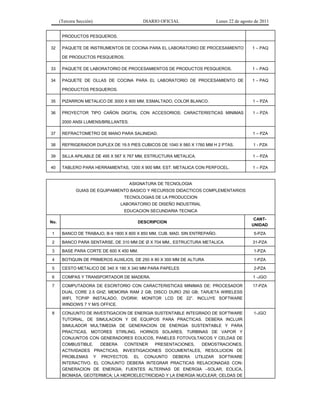 (Tercera Sección) DIARIO OFICIAL Lunes 22 de agosto de 2011
PRODUCTOS PESQUEROS.
32 PAQUETE DE INSTRUMENTOS DE COCINA PARA EL LABORATORIO DE PROCESAMIENTO
DE PRODUCTOS PESQUEROS.
1 – PAQ
33 PAQUETE DE LABORATORIO DE PROCESAMIENTOS DE PRODUCTOS PESQUEROS. 1 – PAQ
34 PAQUETE DE OLLAS DE COCINA PARA EL LABORATORIO DE PROCESAMIENTO DE
PRODUCTOS PESQUEROS.
1 – PAQ
35 PIZARRON METALICO DE 3000 X 900 MM, ESMALTADO, COLOR BLANCO. 1 – PZA
36 PROYECTOR TIPO CAÑON DIGITAL CON ACCESORIOS; CARACTERISTICAS MINIMAS
2000 ANSI LUMENS/BRILLANTES.
1 – PZA
37 REFRACTOMETRO DE MANO PARA SALINIDAD. 1 – PZA
38 REFRIGERADOR DUPLEX DE 19.5 PIES CUBICOS DE 1040 X 560 X 1760 MM H 2 PTAS. 1 - PZA
39 SILLA APILABLE DE 495 X 567 X 767 MM, ESTRUCTURA METALICA. 1 – PZA
40 TABLERO PARA HERRAMIENTAS, 1200 X 900 MM, EST. METALICA CON PERFOCEL. 1 – PZA
ASIGNATURA DE TECNOLOGIA
GUIAS DE EQUIPAMIENTO BASICO Y RECURSOS DIDACTICOS COMPLEMENTARIOS
TECNOLOGIAS DE LA PRODUCCION
LABORATORIO DE DISEÑO INDUSTRIAL
EDUCACION SECUNDARIA TECNICA
No. DESCRIPCION
CANT-
UNIDAD
1 BANCO DE TRABAJO, B-9 1800 X 800 X 850 MM, CUB. MAD. SIN ENTREPAÑO. 5-PZA
2 BANCO PARA SENTARSE, DE 310 MM DE Ø X 704 MM., ESTRUCTURA METALICA. 31-PZA
3 BASE PARA CORTE DE 600 X 450 MM. 1-PZA
4 BOTIQUIN DE PRIMEROS AUXILIOS, DE 250 X 80 X 300 MM DE ALTURA 1-PZA
5 CESTO METALICO DE 340 X 190 X 340 MM PARA PAPELES 2-PZA
6 COMPAS Y TRANSPORTADOR DE MADERA. 1 -JGO
7 COMPUTADORA DE ESCRITORIO CON CARACTERISTICAS MINIMAS DE: PROCESADOR
DUAL CORE 2.5 GHZ; MEMORIA RAM 2 GB; DISCO DURO 250 GB; TARJETA WIRELESS
WIFI, TCP/IP INSTALADO, DVDRW; MONITOR LCD DE 22”. INCLUYE SOFTWARE
WINDOWS 7 Y M/S OFFICE.
17-PZA
8 CONJUNTO DE INVESTIGACION DE ENERGIA SUSTENTABLE INTEGRADO DE SOFTWARE
TUTORIAL, DE SIMULACION Y DE EQUIPOS PARA PRACTICAS. DEBERA INCLUIR
SIMULADOR MULTIMEDIA DE GENERACION DE ENERGIA SUSTENTABLE Y PARA
PRACTICAS, MOTORES STIRLING, HORNOS SOLARES, TURBINAS DE VAPOR Y
CONJUNTOS CON GENERADORES EOLICOS, PANELES FOTOVOLTAICOS Y CELDAS DE
COMBUSTIBLE. DEBERA CONTENER PRESENTACIONES, DEMOSTRACIONES,
ACTIVIDADES PRACTICAS, INVESTIGACIONES DOCUMENTALES, RESOLUCION DE
PROBLEMAS Y PROYECTOS. EL CONJUNTO DEBERA UTILIZAR SOFTWARE
INTERACTIVO. EL CONJUNTO DEBERA INTEGRAR PRACTICAS RELACIONADAS CON:
GENERACION DE ENERGIA; FUENTES ALTERNAS DE ENERGIA –SOLAR, EOLICA,
BIOMASA, GEOTERMICA; LA HIDROELECTRICIDAD Y LA ENERGIA NUCLEAR; CELDAS DE
1-JGO
 